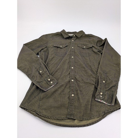 Prana Kellan Button Down Shirt Men's L Green Cargo Slim Fit Flip Cuff Pearl Snap